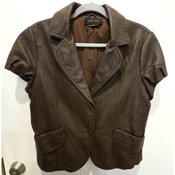 BCBGMAXAZRIA Women's Brown Leather Short Sleeve Tailored Blazer Jacket Large - Picture 3 of 14
